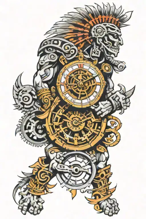 Aztec Warrior Clock Mechanism Intertwined