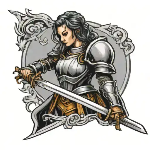 Female Knight Laying Sword Down Arm