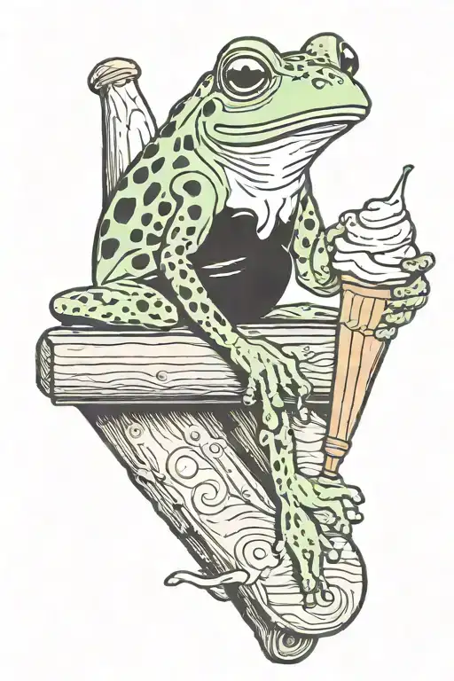 Frog Sitting On A Wooden Plank Eating A Soft Serve Ice Cream Cone