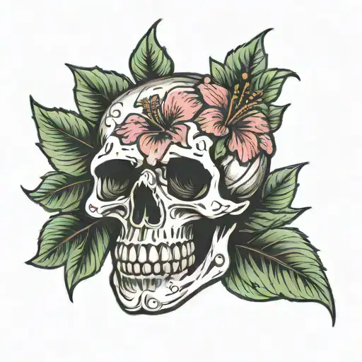 A Skull Wearing A Hibiscus Flower