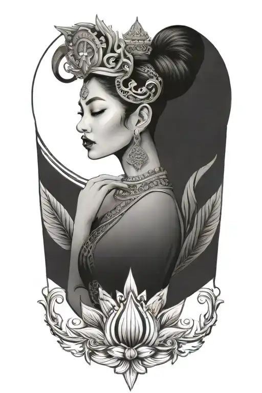 Goddess Wearing Thai Crown Incorporate Sailboat