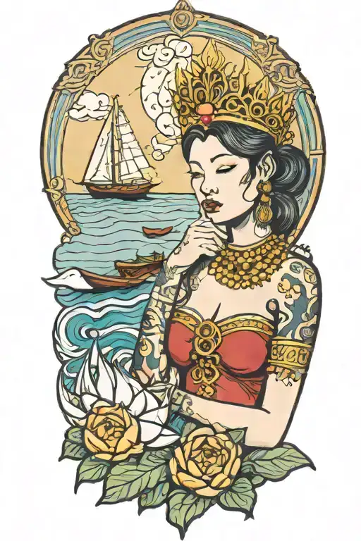 Maiden Wearing Thai Gold Crown Praying With Sailboat In The Background