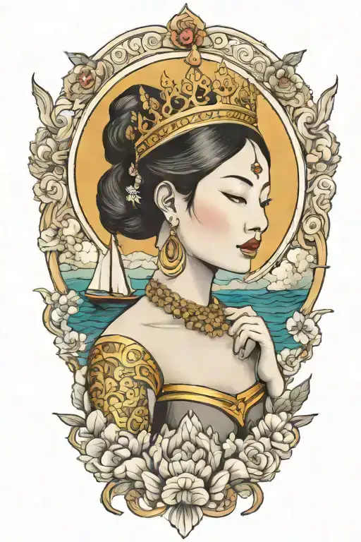 Praying Maiden Wearing Thai Gold Crown Incorporate Sailboat In The Background
