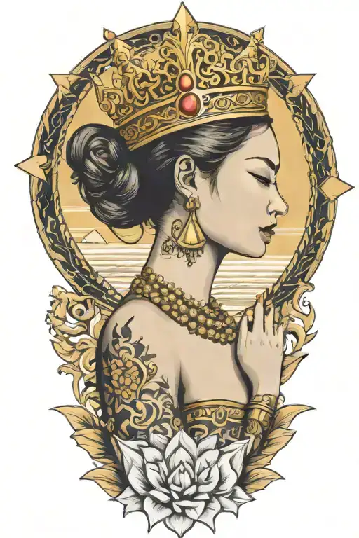 Praying Maiden Wearing Thai Gold Crown Incorporate Sailboat In The Background