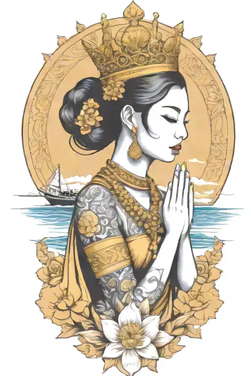 Praying Maiden Wearing Thai Gold Crown Incorporate Sailboat In The Background