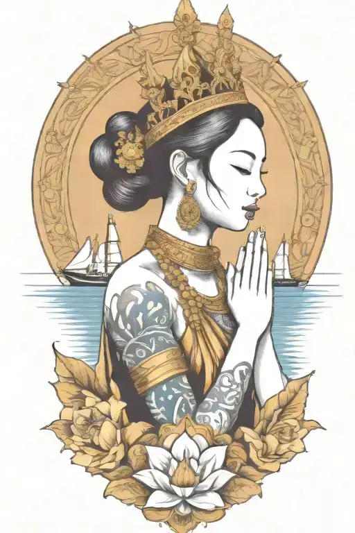 Praying Maiden Wearing Thai Gold Crown Incorporate Sailboat In The Background