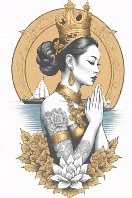 Praying Maiden Wearing Thai Gold Crown Incorporate Sailboat In The Background