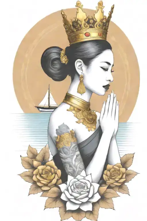 Praying Maiden Wearing Thai Gold Crown Incorporate Sailboat In The Background