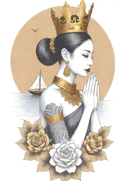 Praying Maiden Wearing Thai Gold Crown Incorporate Sailboat In The Background