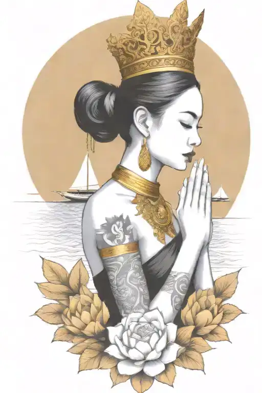 Praying Maiden Wearing Gold Thai Headress Incorporate Sailboat In The Background