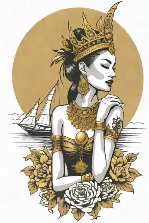 Praying Maiden Wearing Tall Gold Thai Headress Incorporate Sailboat In The Background