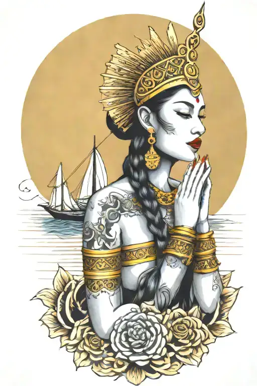 Praying Maiden Wearing Tall Gold Thai Headress Incorporate Sailboat In The Background