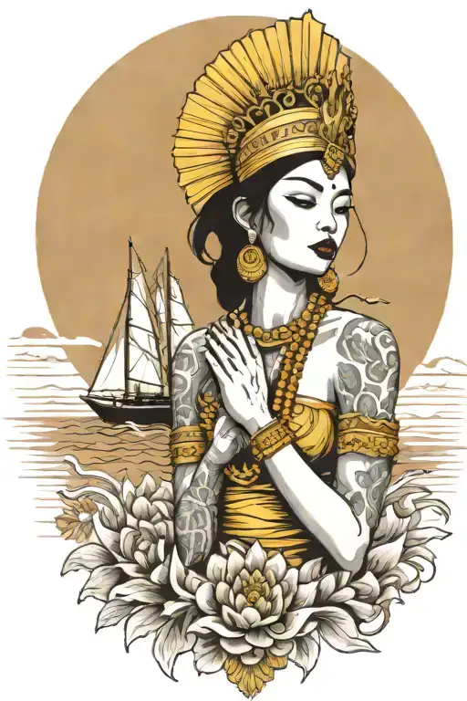 Praying Maiden Wearing Pointy Gold Thai Headress Incorporate Sailboat In The Background