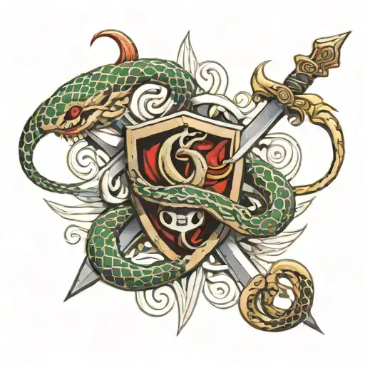 Two Snakes Coilde Around A Sword With A Shield In The Background