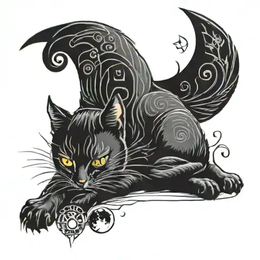 Dark Cat Lying Down Whatching The Moon Surrounded