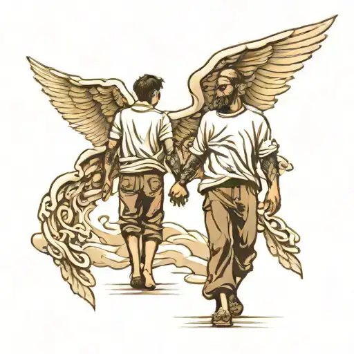 Father & Son's Walking To Heaven Holding Hands