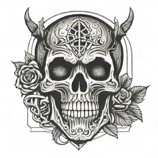 Dark Skull With Thin Line And Symbol Incorporated