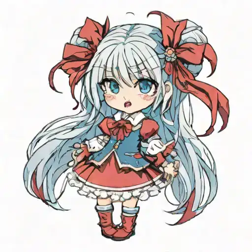 Little Loli Vampire With Long Blue Hair And Shiny Blue Eyes Wearing Red Clothes Style Anime