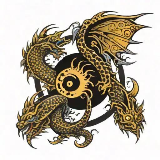 Black Gold And Silver Dragon Flying Around A Yin Yang Symbol