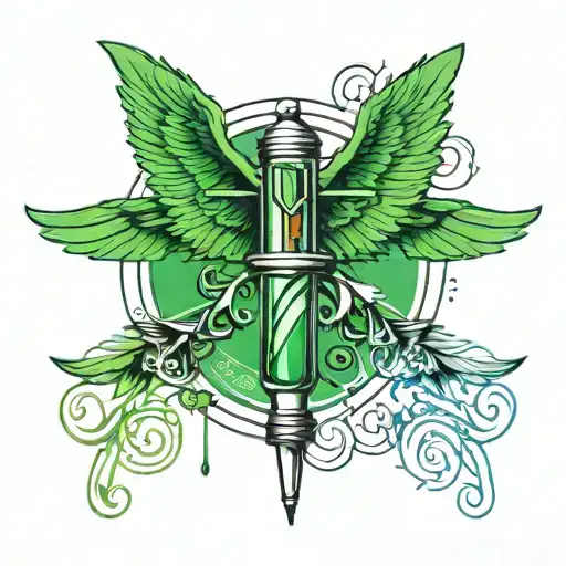 A Phlebotomist Inspired Tattoo Featuring A Stylized Syringe With Wings In A Green Color Palette