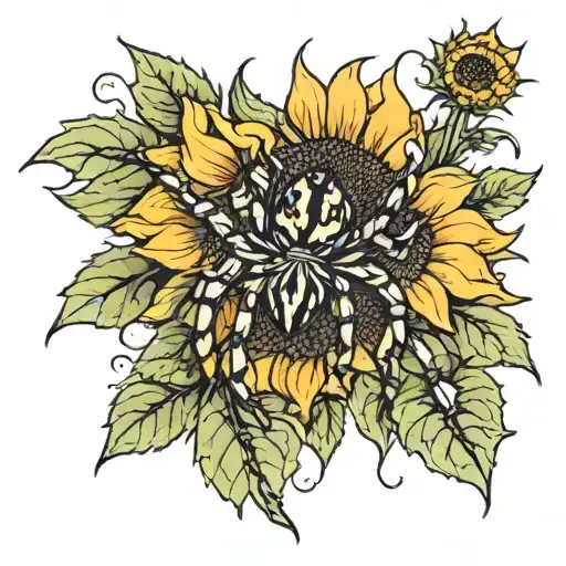 Spider On Top Or In The Middle Of A Sunflower With Two Leafs Poking Out The Stem