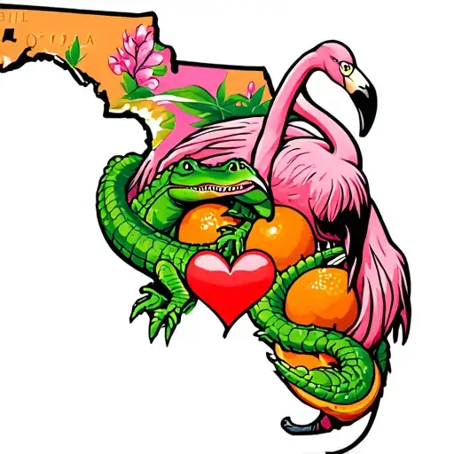 Florida State With A Flamingo An Alligator & Oranges With A Red Heart In The Middle Of The State