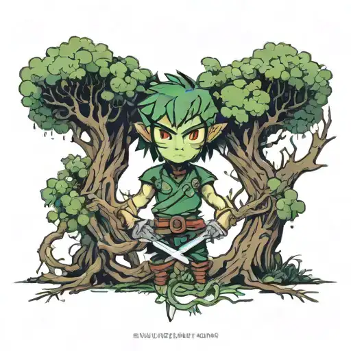 One Link And One Dark Link On Either Side Of The Deku Tree In Kokiri Forest From The Legend Of Zelda