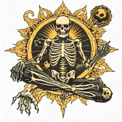 Skeleton Meditating And Big Sun Behind Him