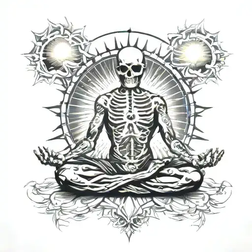 Skeleto Meditating And Big Sun Behind It