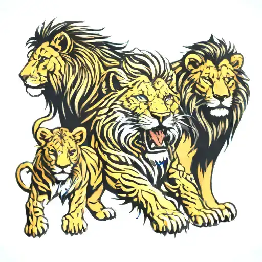 Fierce Lion With Cubs