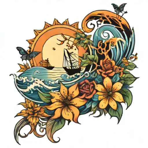 Sun And Moon And Flowers And Butterfly Trees And Waves And Boat