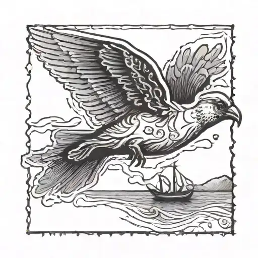 A Stamp Outline Filled With A Beach And A Bird Flying