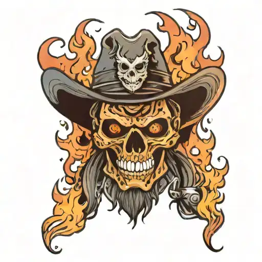 Cowboy With Skull Head And Flames And Devil Smile