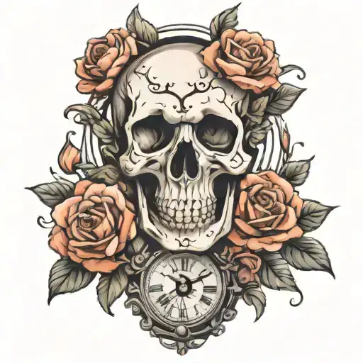Skull Inside Clock With Flowers Around