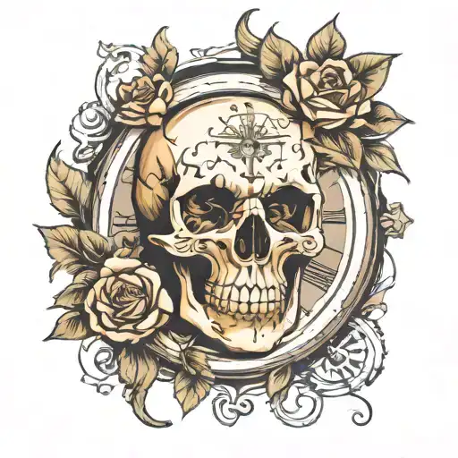 Skull Inside Clock With Flowers Intertwined