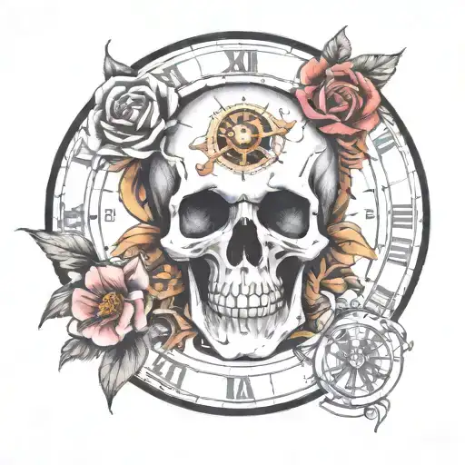 Skull Inside Clock With Flowers Intertwined