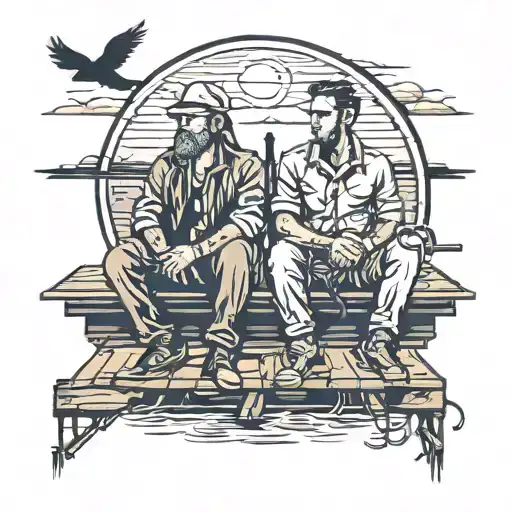 Father And Son Sillouett Sitting On A Dock