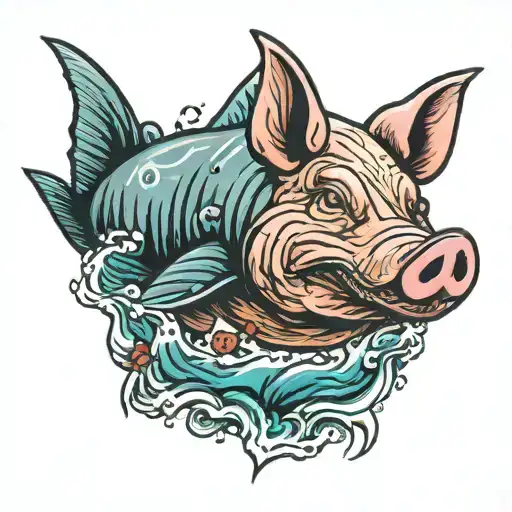 Pig In A Viel Holding A Shark's Fin Emerging From The Water