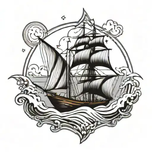 Thin Line Sail Boat With Slight Wave And Star