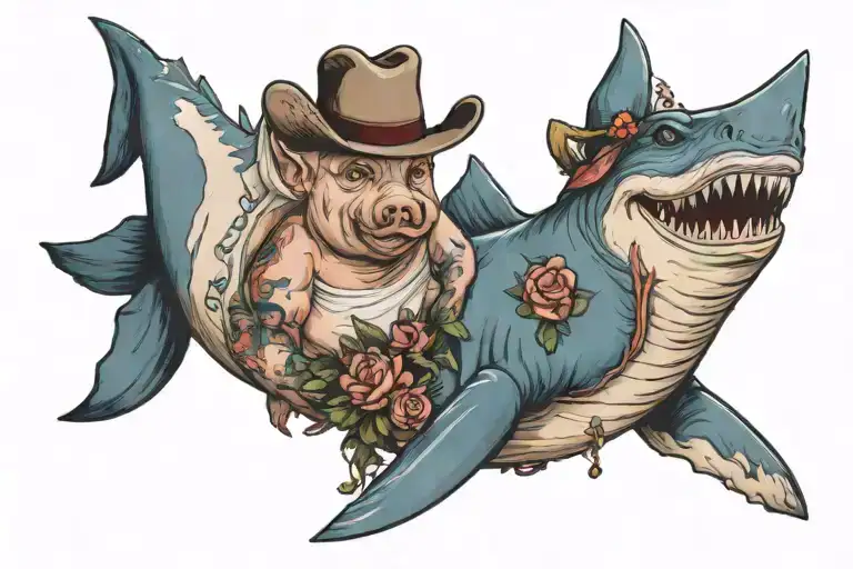 Pig Wearing A Wedding Dress Standing Next To A Great White Shark Wearing A Cowboy Hat