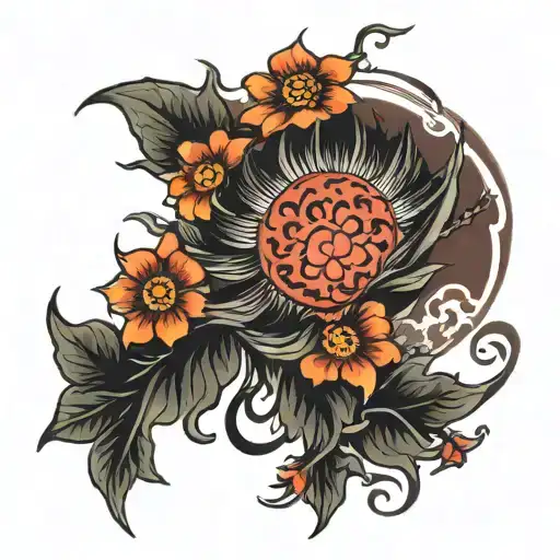 Rising Sun And Flowers