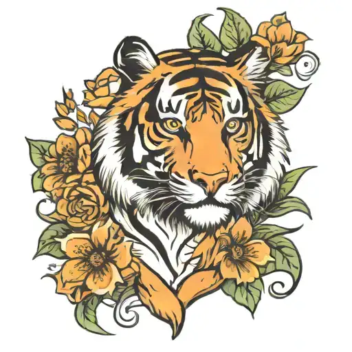 Tiger And Flower Intertwined