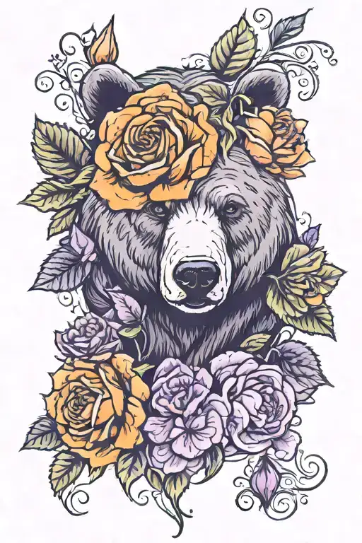 Orange Roses And Purple Hydrangeas Around A Bear