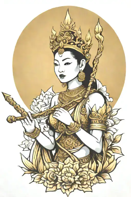 Goddes Golden Thai Crown Holding A Staff