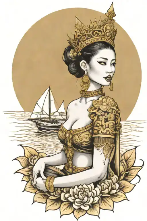 Goddes Golden Thai Crown Incorporate Sail Boat In The Background