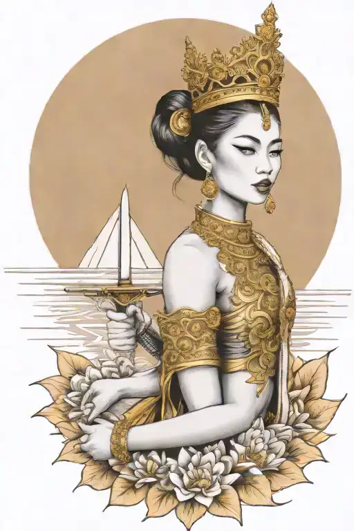 Maiden Holding Sword And Wearing Traditional Thai Clothings And Golden Crown
