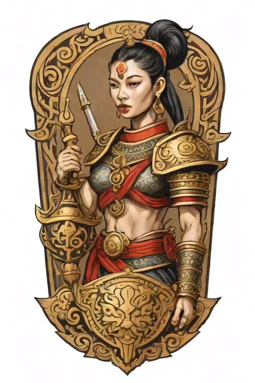 Thai Female Warrior Holding Golden Shield