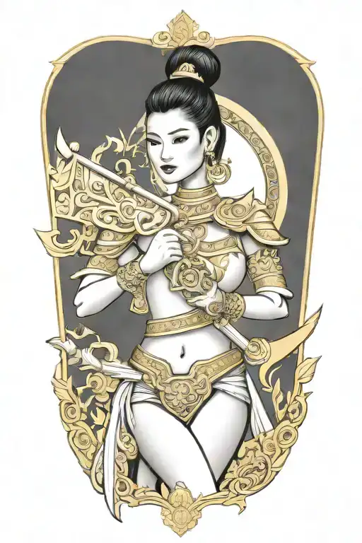 Thai Female Warrior Holding Golden Shield