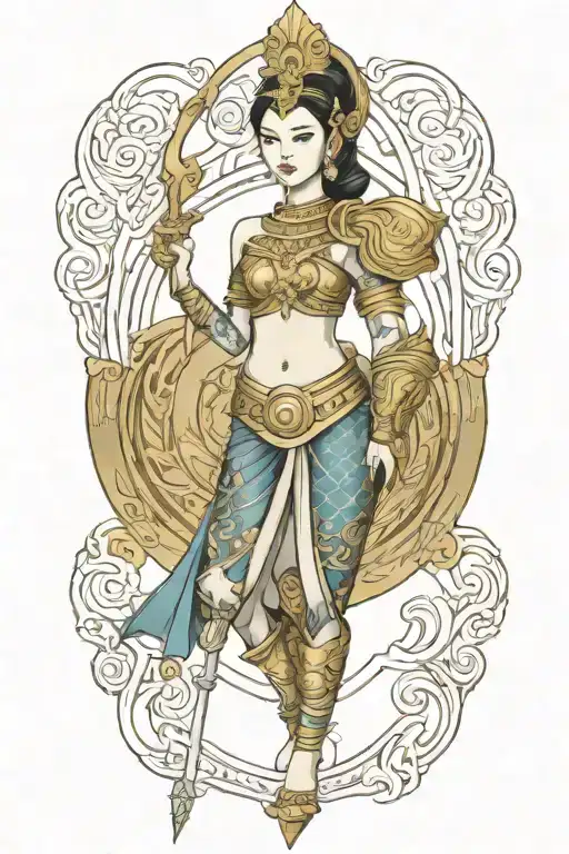 Thai Female Warrior Holding Golden Shield