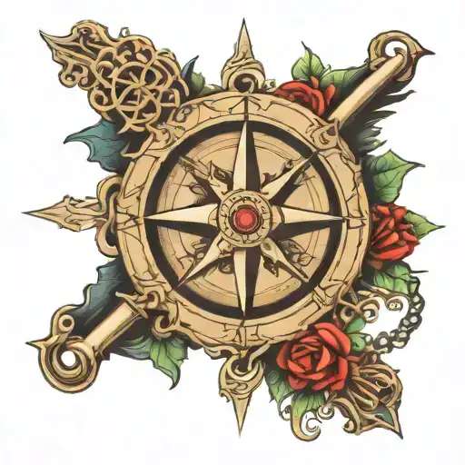 Compass Rose Combined Into A Skeleton Key